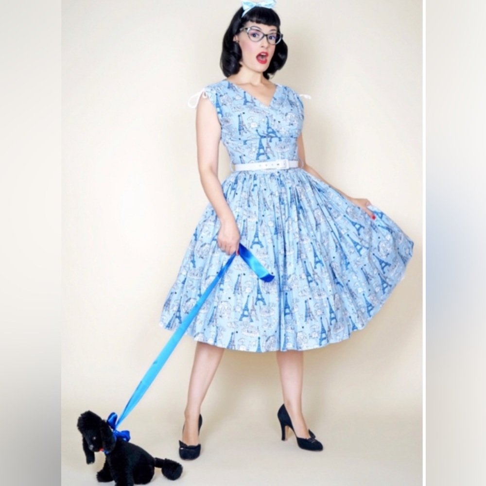 SOLD | ModCloth x Bernie Dexter Blue Sophie Dress Eiffel Tower Poodle SMALL - Picture 3 of 12